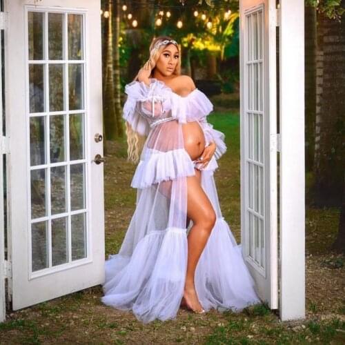 White See Through Sexy Tulle Maternity Dress For Photo Shoot Long Sleeves Bridal Robe Tulle Birthday Gowns Front Slit Layers