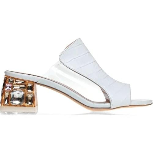 White Leather Kroko Heel Women Slippers