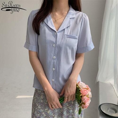 Blusas 2021 Summer Tops Casual Short Sleeve Shirt Women Chiffon Blouse Solid Korean Style Office Lady Chic Women Clothing 10007