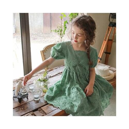 2021 Summer Baby Girl Dress Kids Strawberry Sleeve Hollow Puff Sleeve Korean Childrens Girls Lace Princess Dress Vestido Infant