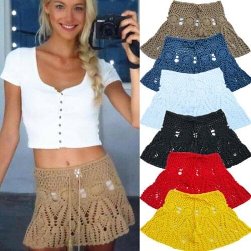 Elegant Candy Color Handmade Knitted Crochet Mini Skirt Women Summer Hollow Out High Waist Beach Skirt Swimming Bikini Cover-ups