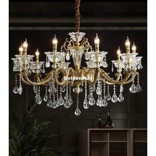 European Copper Chandelier K9 Crystal Chandelier Bronze Copper Pendant E14 LED AC Brass Crystal Lamp Lustre Suspension Lights