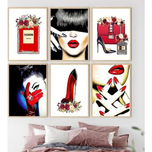 Red Flower Perfume Paris Fashion Girl Handbag Wall Art Canvas Painting Nordic Posters And Prints Wall Pictures For Living Room