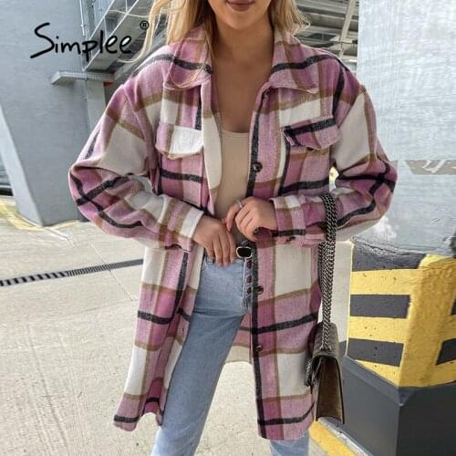 Simplee Office plaid pocket women jacket autumn Elegant long sleeve long coat jacket female Casual shirt collar fashion coats