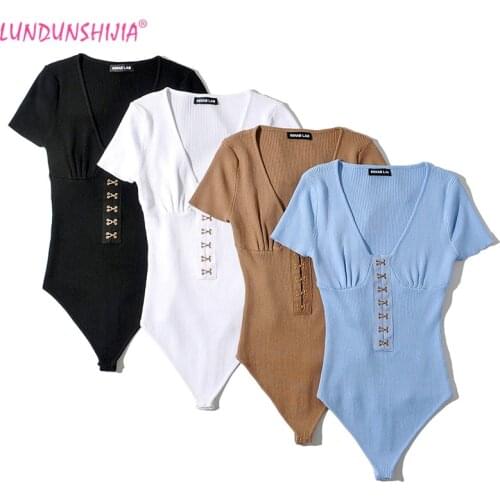 LUNDUNSHIJIA Big V-Neck Short Sleeve Sexy Bodysuit Women 2021 New Spring Body Top Fashion Ladies Streetwear Knitting Bodysuits
