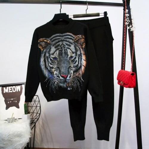 Fashion Red Knitted Tracksuits Women Set Loose 4 Color Handwork Beading Tiger Sweater Long Pencil Pants Two Piece Outfits Female