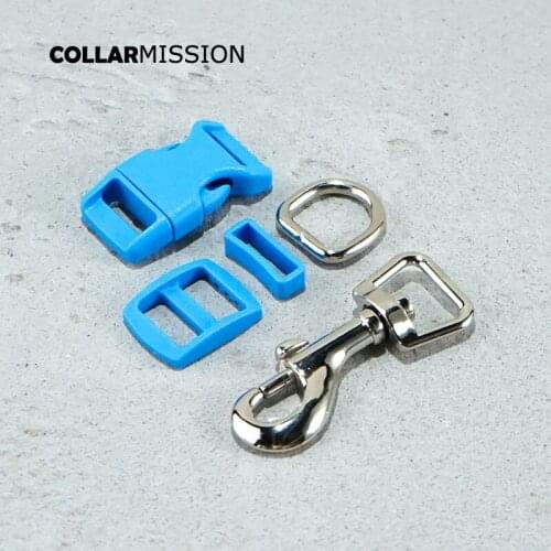 Plastic buckle+Tri-Glid+square keeper+D ring+metal dog clasp/set)Good quality blue 15mm dog leash accessories