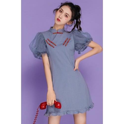 Summer New Cheongsam Modified Version Girl Little Dress Mesh Stitching Bubble Sleeve Ruffled Skirt
