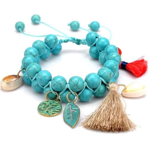 Light Yellow Gold Color Alloy Layer Green Turquoises Stone Bracelet with Tassels Handmade Weave Jewelry