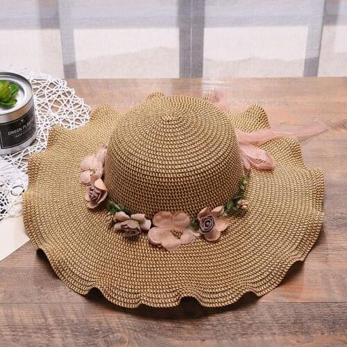 New Summer Womens Straw Sun Hat Lace Bowknot Big Flower Wave Brim Bucket Hats Outdoor Female Lady Beach Caps
