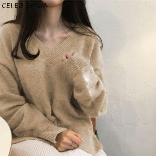 SHIJIA Khaki Woolen Sweater for Woman Soft V-neck Autumn Winter New Knitted Jumper Korean Fashion Sweaters Pullover Woman
