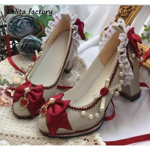 HAND MAKE Gothic Lolita Cosplay PEARL With red BOW Shoes Platform Heel Lolita Shoes Tea Party Princess Shoes