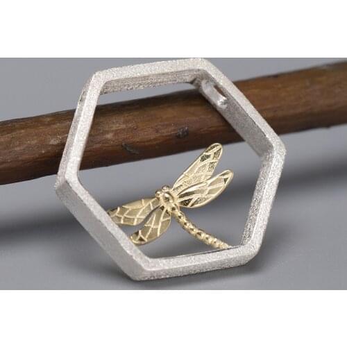 Real 925 Sterling Silver Geometric Gold Dragonfly Hollow Hexagon Pendants For Women Fine Jewelry Gift High Quality