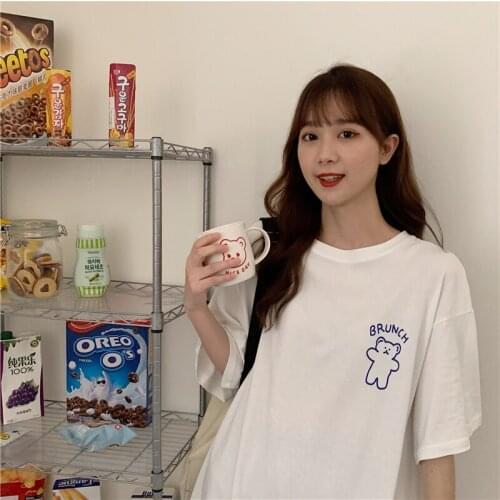 Womens T-shirts Tops Japanese Kawaii Ladies Ulzzang Loose Bear Letter Print Tshirt Female Korean Harajuku Clothes For Women