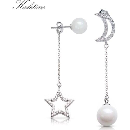Kaletine 925 Silver Pearl Ear Drops New Fashion Moon Stars Woman Drop Earrings Gift 2018 KLTE705062