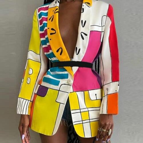 Womens Blazer Coats Office Lady Turn-down Collar All Over Print Deep V Neck Button Casual Elegant Abstract Graphic Work Coat