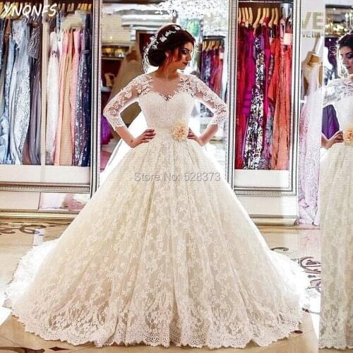 YNQNFS W19 Real Vestido de Noiva Simples Ball Gown Wedding Dresses Sheer Back Long Sleeve Lace Party Gowns Vestidos 2019