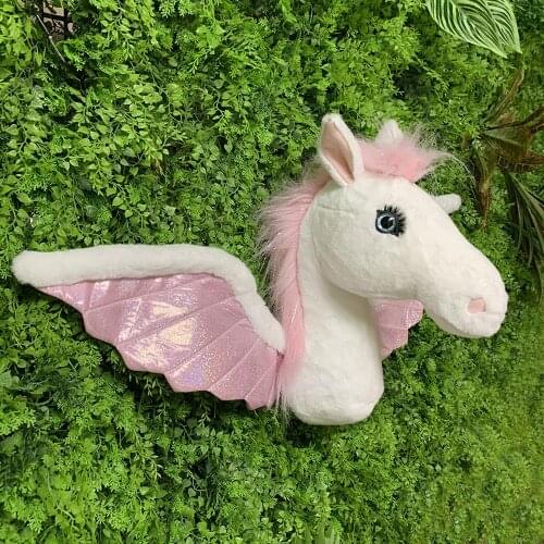 2021 STUFFED ANIMAL WALL DECORATION ANIMAL HEAD PINK FLYING HORSE HEAD PEGASUS HEAD PLUSH TOY FOR WALL DECORATION