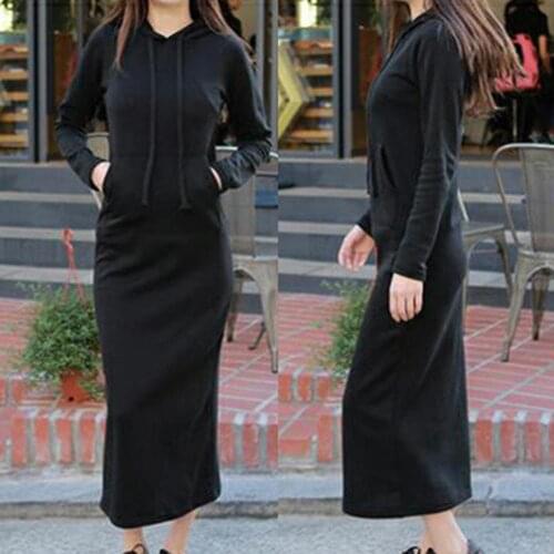 60%HOTWomen Casual Autumn Solid Color Long Sleeve Drawstring Hoodie Sweater Maxi Dress