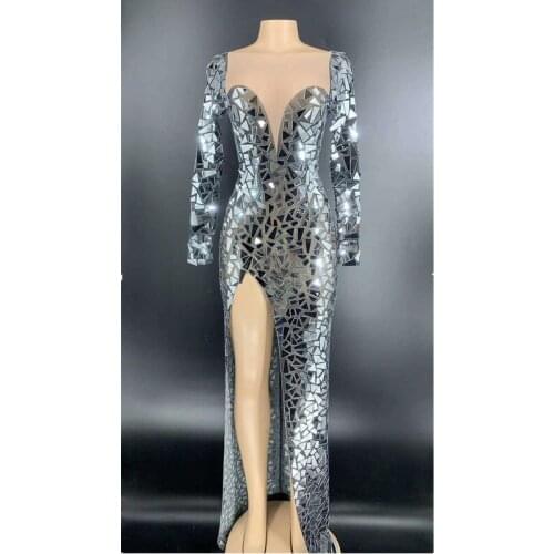 Sparkly Women Long Sleeve Transparent Long Dress Birthday Celebrate Outfit Prom Party Dress Bar Stage Dance Dress