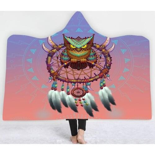 Bohemian Owl Hooded Blanket Mysterious National Animals Throw Blanket For Bedroom Fleece Blanket Nap Office Wearable Blanket