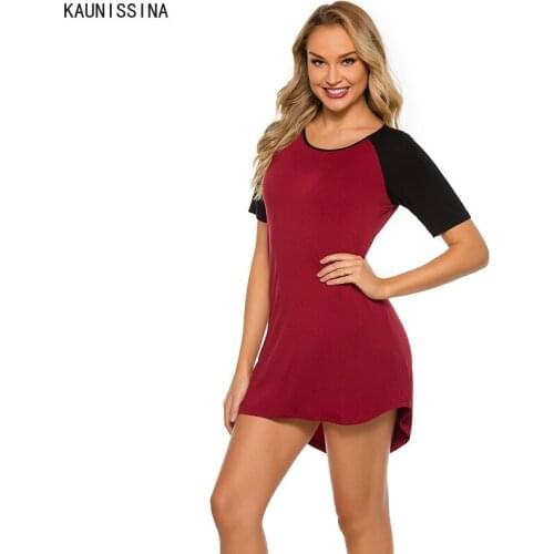 Women Lounge Wear Sexy Nightgown Home Sleepwear Front Button O-Neck Short Sleeve Patchwork Loose Short Sleepshirts Night Dress