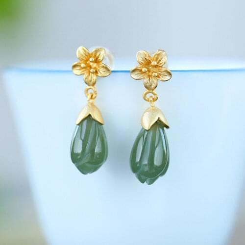 Natural Hetian Jade Magnolia Sterling Silver S925 Earrings Flower Earrings Long Temperamental Fairy Ancient Style Super Fairy Wo