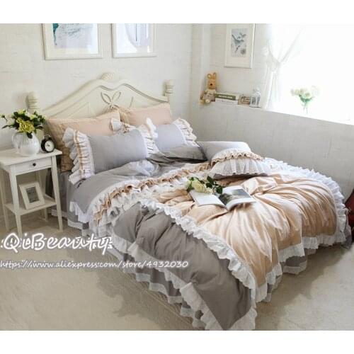 Korean version of pure color hand-embroidered ruffled cotton bed skirt quilt cover bedding four-piece comfortable