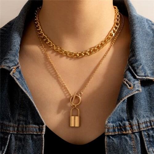 HuaTang Punk Gold Color Lock Pendant Necklace for Women Vintage Double Layer Guban Clavicle Chain 2020 Lady Jewelry on the Neck