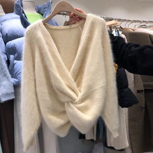JSXDHK Korean Fashion Cross Sexy Deep V Neck Knitted Sweater Tops Autumn Women Mik Cashmere Girls Reversible Soft Warm Pullovers