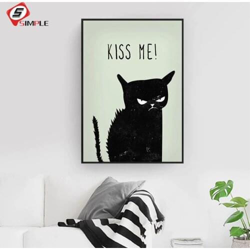 Canvas Prints Painting Nordic Style Angry Black Cats Kiss Me Posters Wall Art Animal Pictures For Living Room Home Decoration
