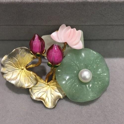 China ethnic lotus leaf and lotus flower brooch pins natural fresh water pearl and shell fashion women jewelry free shipping
