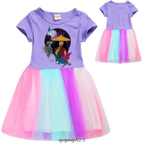 Raya and The Last Dragon Girls Fashion Dress Rainbow Lace Dress Vestidos Pink Dress for Summer Girl Knee-Length Clothes Casual