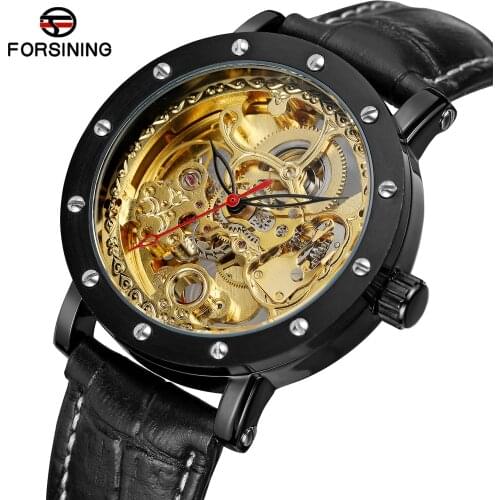 Forsining Royal Flower Carving Gear Golden Movement Transparent Genuine Leather Men Mechanical Self Wind Watches Water Resistant