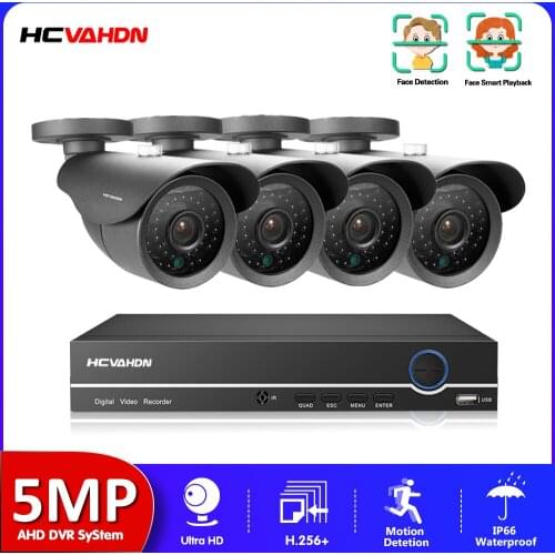 HCVAHDN Outdoor camera cctv system 4CH 6 in 1 AHD TVI CVI CCTV Kit 5.0MP Face Detetion Weatherproof Surveillance Security Camera