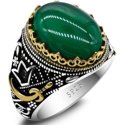New Green Classic Punk Mens Natural Agate Ring 925 Sterling Silver Zircon Dagger Turkish Ring Mens Husband Jewelry Gift