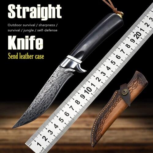 Outdoor Sharp Tactical Straight Knife Damascus Steel Jungle Wild Life-Saving Carrying Knife EDC Pocket Tool Self-Defense Knife