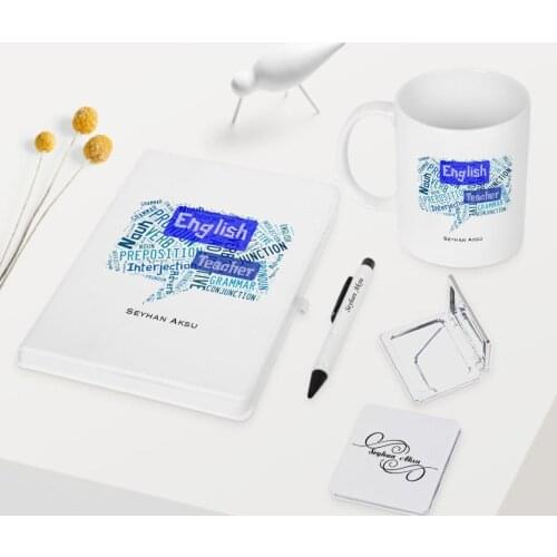 Personalized English Teacher Themed White Notebook Pen Cup Mirror Set-4