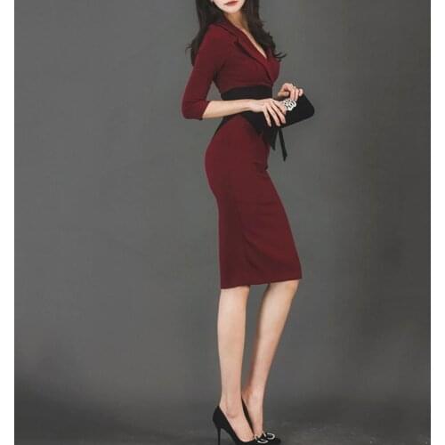 Spring dress women Patchwork Tight dress red V Neck Sexy Dresses Office Lady robe femme Slinky Party Dresses vestidos de fiesta