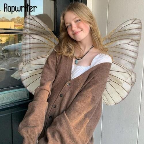 Rapwriter Casual Solid Sweater Women Vintage Brown Cardigans Loose Single Breasted Top Autumn Long Sleeve Top Harajuku Clothing