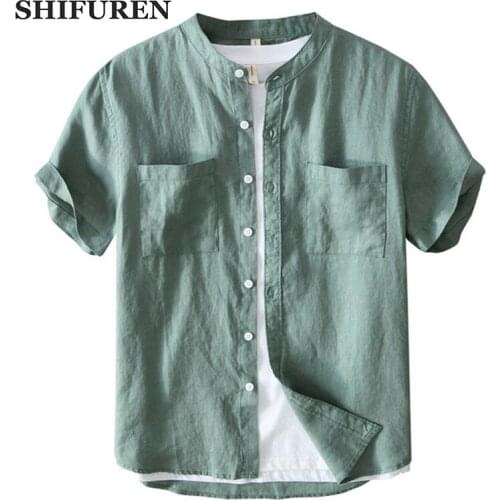 SHIFUREN Summer Causal Men Shirts 100% Pure Linen Short Sleeve Mandarin Collar Shirts Retro Tops camisa masculina streetwear