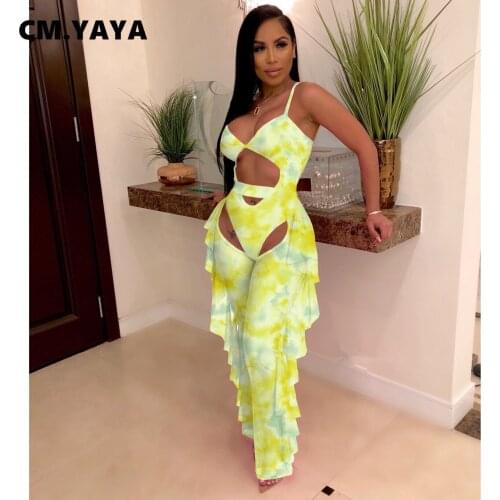 CM.YAYA Women Jumpsuit Print Spaghetti Strap Hollow Out Ruffles Sheath Elastic Jumpsuits Sexy Beachwear Summer One Piece Set
