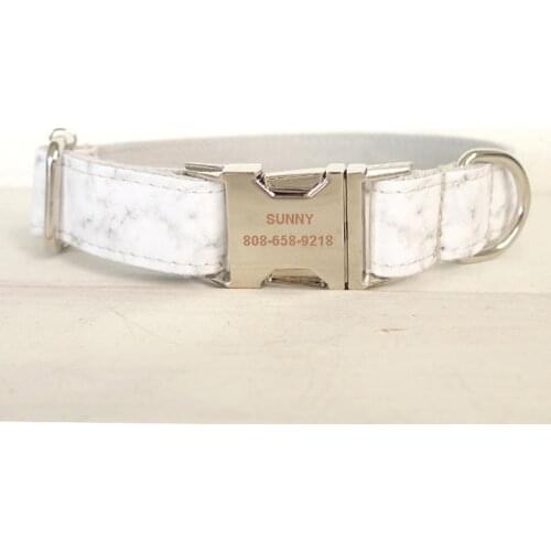 Dog Collar Adjustable Personalized Durable Nylon Free Engraved ID Name White Marble Pattern Luxury Gift Dog Collar with Lead