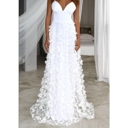 Spaghetti Strap Evening Party Dress Women Sexy Deep V-Neck Floral Lace White Dress Women Floor-Length Clothing Strapless Dress