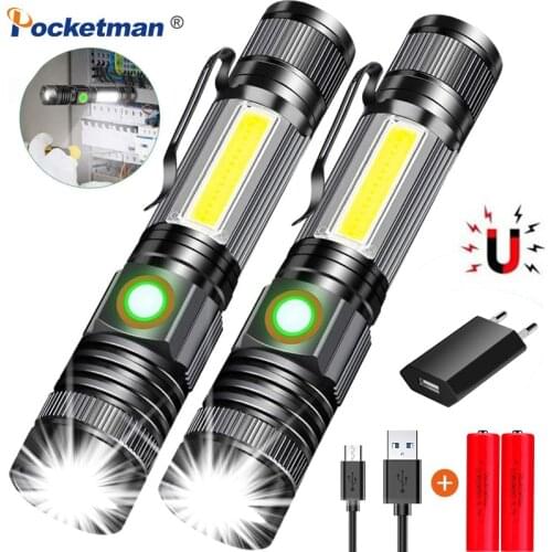 80000lm LED Tactical Rechargeable Magnetic Flashlight Super Bright Zoomable With Cob Side Light LED Torch Hiking Emergency Lamp