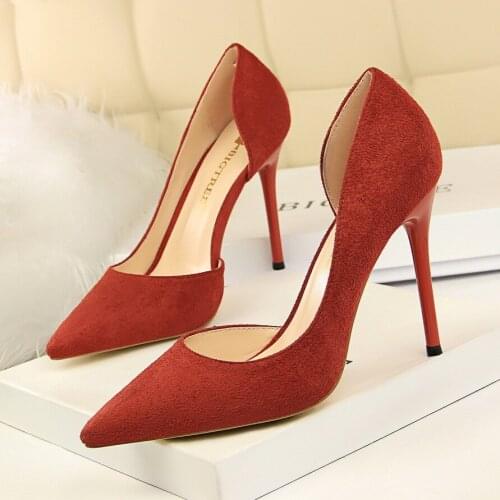 2021 Spring Sexy Side Hollow Party Women High Heels Shoes Flock Shallow Concise Women Pumps Pointed Toe 10.5CM thin Dress Shoes
