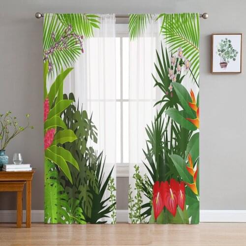 Tropical Jungle Plant Leaves Flower Curtains Tulle For Living Room Bedroom Kitchen Chiffon Sheer Window Treatment Decorations