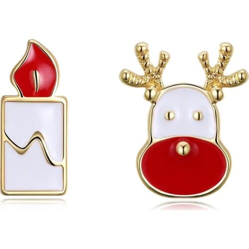 ZEMIOR Christmas Cute Earrings For Women 3 Colors Asymmetry Elk With Candle Stud Earrings Hot Sale Female Fashion Jewelry Gift