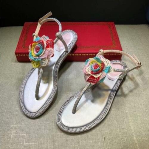 Rhinestone Floral Sandalias Mujer 2020 Flat Sandals Women Summer Leather Sandalia Feminina Casual Shoes Women Zapatos De Mujer