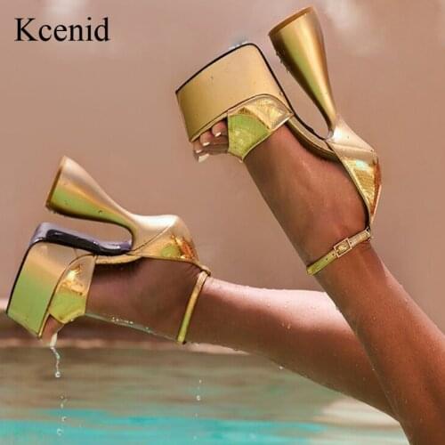 Kcenid New Sexy Sandals Women Bling Gold Shoes Peep Toe High Heels Ankle Strap Sandals Summer Fashion Buckle Strap Strange Heel